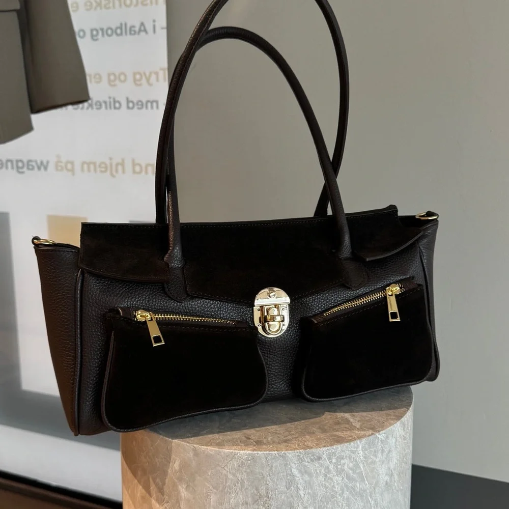 Made in Italy- Chic dark brown Shoulder Bag Genuine Leather - Picture 4 of 13